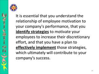It is essential that you understand the relationship of employee motivation to your company's performance, that you  identify strategies  to motivate your employees to increase their discretionary effort, and that you have a plan to  effectively implement   those strategies, which ultimately will contribute to your company's success. Motivation 