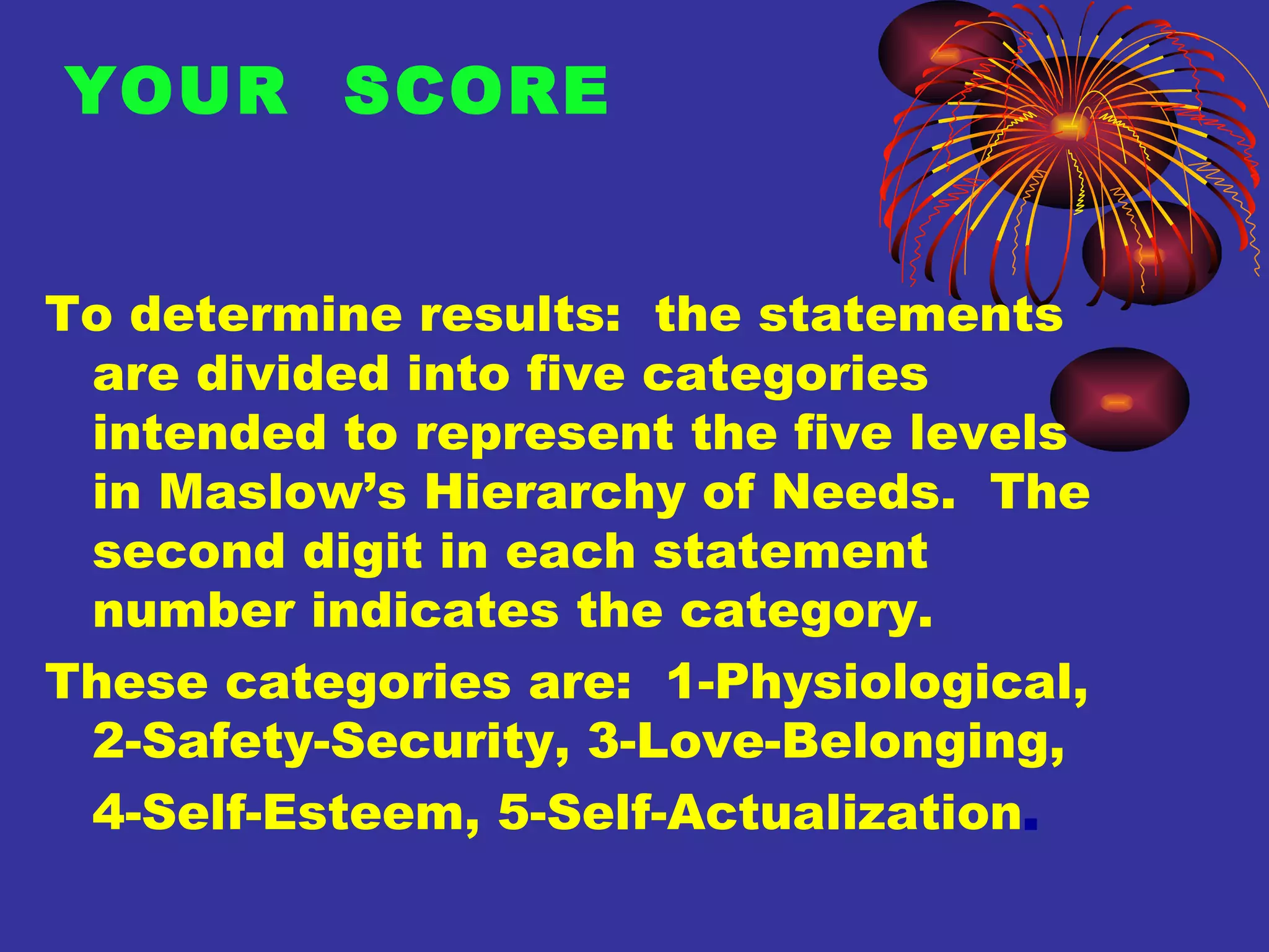 YOUR  SCORE To determine results:  the statements are divided into five categories intended to represent the five levels in Maslow’s Hierarchy of Needs.  The second digit in each statement number indicates the category.  These categories are:  1-Physiological, 2-Safety-Security, 3-Love-Belonging,  4-Self-Esteem, 5-Self-Actualization . 