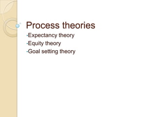 Process theories
•Expectancy

theory
•Equity theory
•Goal setting theory

 