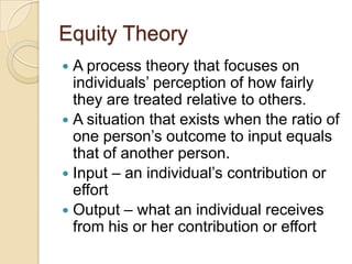 Equity Theory
A process theory that focuses on
individuals’ perception of how fairly
they are treated relative to others.
...