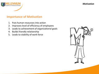 Motivation Importance of Motivation Puts human resources into action Improves level of efficiency of employees Leads to achievement of organizational goals Builds friendly relationship Leads to stability of work force 