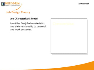 Motivation Job Design Theory Characteristics: Skill variety Task identity Task significance Autonomy Feedback Job Characteristics Model Identifies five job characteristics and their relationship to personal and work outcomes. 