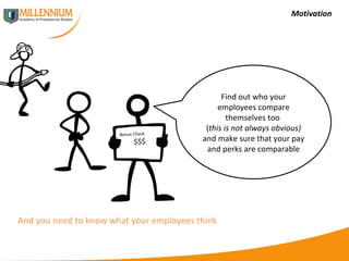 Motivation And you need to know what your employees think Find out who your employees compare themselves too  ( this is not always obvious)  and make sure that your pay and perks are comparable Bonus Check  $$$ 