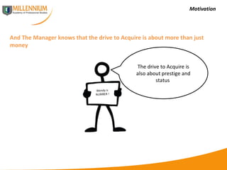 Motivation And The Manager knows that the drive to Acquire is about more than just money  The drive to Acquire is also about prestige and status  Wendy is NUMBER ! 