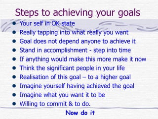 Steps to achieving your goals
 Your self in OK state
 Really tapping into what really you want
 Goal does not depend anyone to achieve it
 Stand in accomplishment - step into time
 If anything would make this more make it now
 Think the significant people in your life
 Realisation of this goal – to a higher goal
 Imagine yourself having achieved the goal
 Imagine what you want it to be
 Willing to commit & to do.
                   Now do it
 