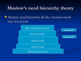 Maslow’s need hierarchy theory Maslow need hierarchy divide s human needs into five levels. Physiological   needs  Safety needs  Social needs   Esteem needs   Self actualization needs   intrinsic extrinsic 