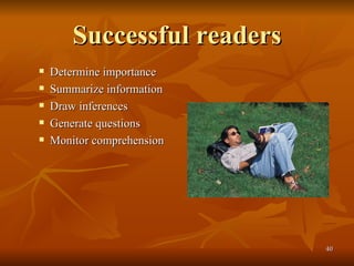 Successful readers Determine importance Summarize information Draw inferences Generate questions Monitor comprehension 