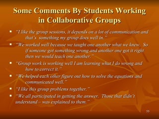Some Comments By Students Working in Collaborative Groups “ I like the group sessions, it depends on a lot of communication and  that’s  something my group does well in.” “ We worked well because we taught one another what we knew.  So  if someone got something wrong and another one got it right  then we would teach one another.” “ Group work is working well I am learning what I do wrong and  how to correct it.” “ We helped each other figure out how to solve the equations and  communicated well.” “ I like this group problems together.” “ We all participated in getting the answer.  Those that didn’t  understand – was explained to them.” 