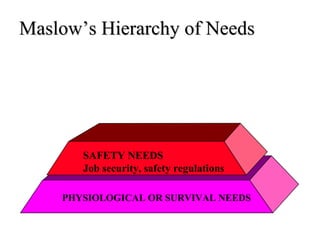Maslow’s Hierarchy of Needs PHYSIOLOGICAL OR SURVIVAL NEEDS SAFETY NEEDS Job security, safety regulations 