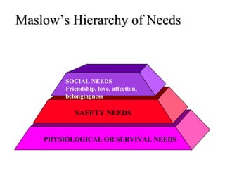 Maslow’s Hierarchy of Needs PHYSIOLOGICAL OR SURVIVAL NEEDS SAFETY NEEDS SOCIAL NEEDS Friendship, love, affection, belongingness 