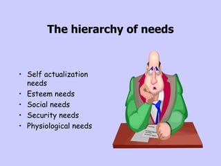 The hierarchy of needs <ul><li>Self actualization needs </li></ul><ul><li>Esteem needs </li></ul><ul><li>Social needs </li...
