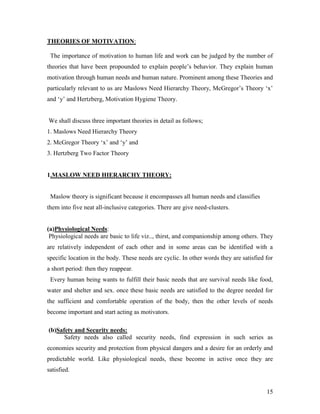 THEORIES OF MOTIVATION:

 The importance of motivation to human life and work can be judged by the number of
theories that have been propounded to explain people‟s behavior. They explain human
motivation through human needs and human nature. Prominent among these Theories and
particularly relevant to us are Maslows Need Hierarchy Theory, McGregor‟s Theory „x‟
and „y‟ and Hertzberg, Motivation Hygiene Theory.


We shall discuss three important theories in detail as follows;
1. Maslows Need Hierarchy Theory
2. McGregor Theory „x‟ and „y‟ and
3. Hertzberg Two Factor Theory


1.MASLOW NEED HIERARCHY THEORY:


 Maslow theory is significant because it encompasses all human needs and classifies
them into five neat all-inclusive categories. There are give need-clusters.


(a)Physiological Needs:
 Physiological needs are basic to life viz.., thirst, and companionship among others. They
are relatively independent of each other and in some areas can be identified with a
specific location in the body. These needs are cyclic. In other words they are satisfied for
a short period: then they reappear.
 Every human being wants to fulfill their basic needs that are survival needs like food,
water and shelter and sex. once these basic needs are satisfied to the degree needed for
the sufficient and comfortable operation of the body, then the other levels of needs
become important and start acting as motivators.

(b)Safety and Security needs:
      Safety needs also called security needs, find expression in such series as
economies security and protection from physical dangers and a desire for an orderly and
predictable world. Like physiological needs, these become in active once they are
satisfied.


                                                                                         15
 