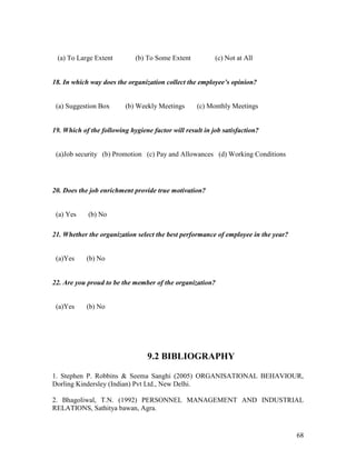 (a) To Large Extent         (b) To Some Extent           (c) Not at All


18. In which way does the organization collect the employee’s opinion?


 (a) Suggestion Box       (b) Weekly Meetings      (c) Monthly Meetings


19. Which of the following hygiene factor will result in job satisfaction?


 (a)Job security (b) Promotion (c) Pay and Allowances (d) Working Conditions




20. Does the job enrichment provide true motivation?


 (a) Yes    (b) No

21. Whether the organization select the best performance of employee in the year?


 (a)Yes     (b) No


22. Are you proud to be the member of the organization?


 (a)Yes     (b) No




                                  9.2 BIBLIOGRAPHY

1. Stephen P. Robbins & Seema Sanghi (2005) ORGANISATIONAL BEHAVIOUR,
Dorling Kindersley (Indian) Pvt Ltd., New Delhi.

2. Bhagoliwal, T.N. (1992) PERSONNEL MANAGEMENT AND INDUSTRIAL
RELATIONS, Sathitya bawan, Agra.


                                                                                    68
 