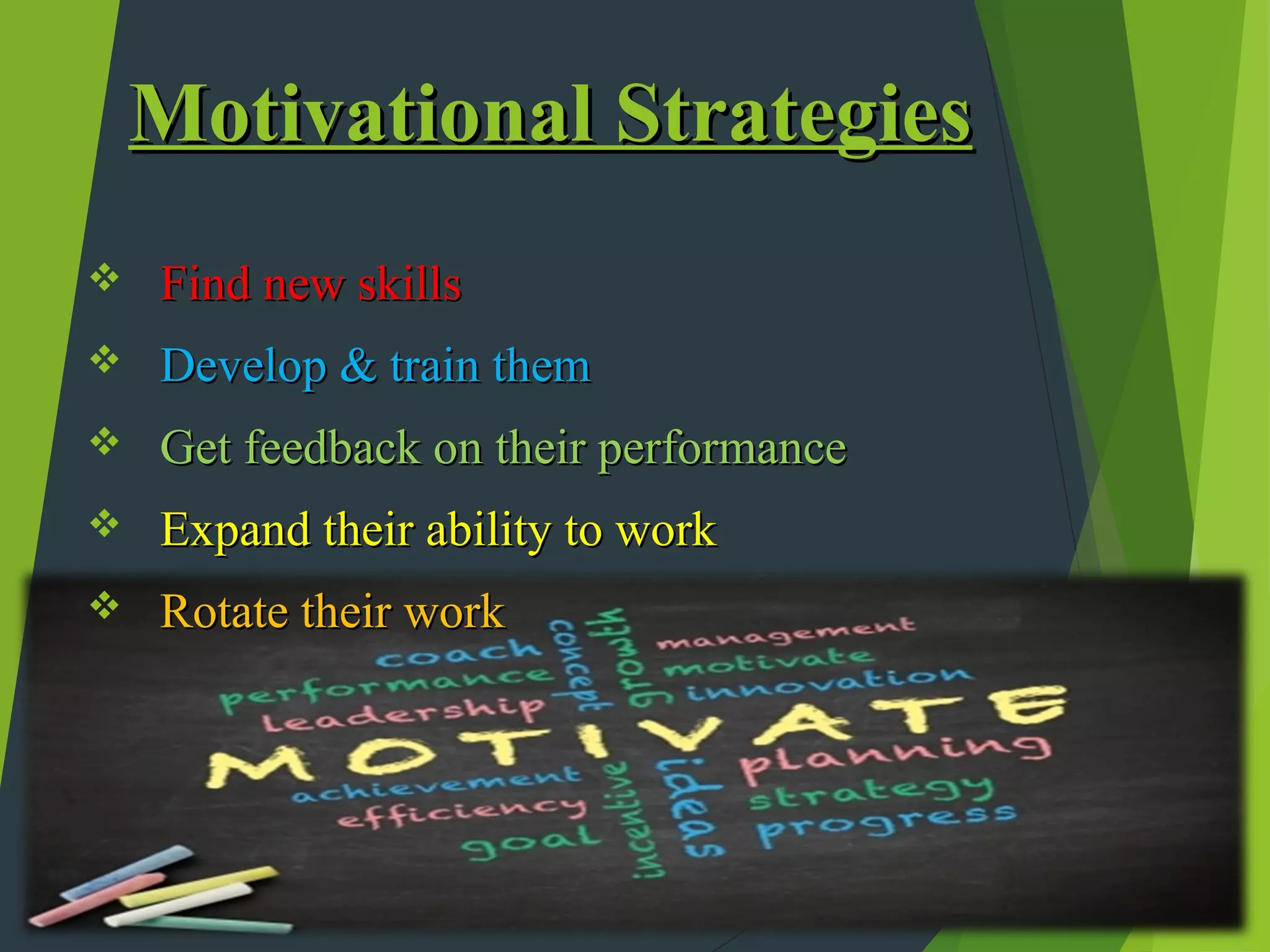 Motivational Strategies
   Find new skills
   Develop & train them
   Get feedback on their performance
   Expand their ability to work
   Rotate their work
 