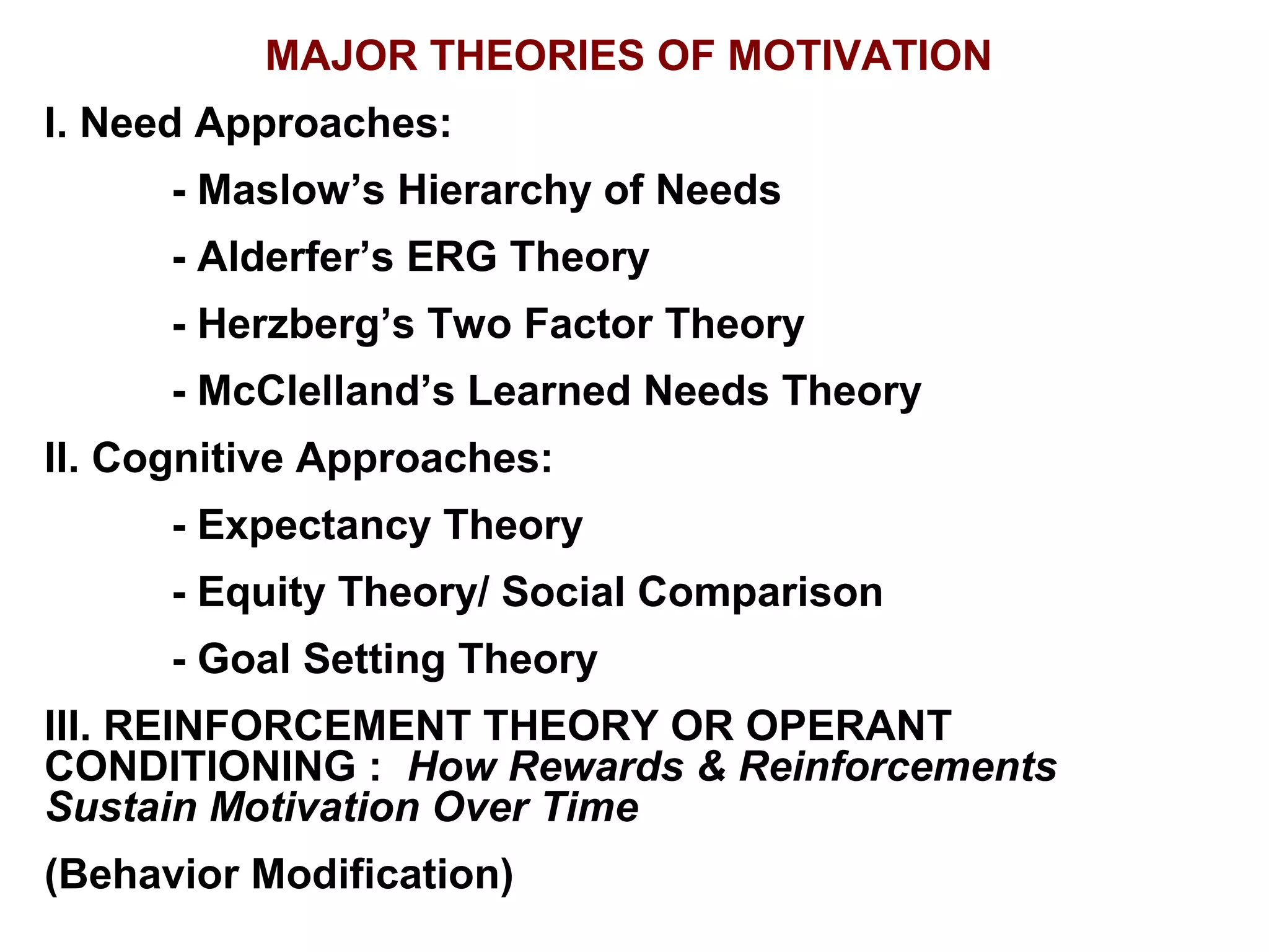 MAJOR THEORIES OF MOTIVATION
I. Need Approaches:
- Maslow’s Hierarchy of Needs
- Alderfer’s ERG Theory
- Herzberg’s Two Factor Theory
- McClelland’s Learned Needs Theory
II. Cognitive Approaches:
- Expectancy Theory
- Equity Theory/ Social Comparison
- Goal Setting Theory
III. REINFORCEMENT THEORY OR OPERANT
CONDITIONING : How Rewards & Reinforcements
Sustain Motivation Over Time
(Behavior Modification)
 