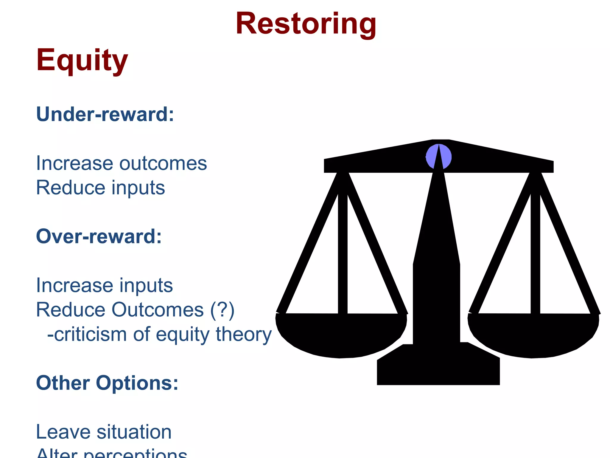 Restoring
Equity
Under-reward:
Increase outcomes
Reduce inputs
Over-reward:
Increase inputs
Reduce Outcomes (?)
-criticism of equity theory
Other Options:
Leave situation
 