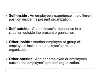  Self-inside : An employee’s experience in a different
position inside his present organization.
 Self-outside : An employee’s experience in a
situation outside the present organization.
 Other-inside : Another employee or group of
employees inside the employee’s present
organization.
 Other-outside : Another employee or employees
outside the employee’s present organization.
 