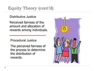 Equity Theory (cont’d)
Distributive Justice
Perceived fairness of the
amount and allocation of
rewards among individuals.
Procedural Justice
The perceived fairness of
the process to determine
the distribution of
rewards.
 