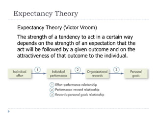 Expectancy Theory
Expectancy Theory (Victor Vroom)
The strength of a tendency to act in a certain way
depends on the strength of an expectation that the
act will be followed by a given outcome and on the
attractiveness of that outcome to the individual.
 