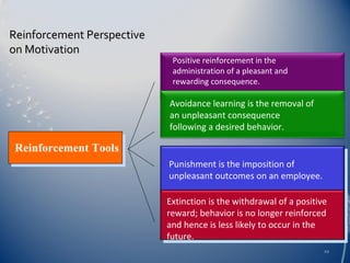 Reinforcement Perspective
on Motivation

Positive reinforcement in the
administration of a pleasant and
rewarding consequence.

Avoidance learning is the removal of
an unpleasant consequence
following a desired behavior.

Reinforcement Tools
Punishment is the imposition of
unpleasant outcomes on an employee.
Extinction is the withdrawal of a positive
reward; behavior is no longer reinforced
and hence is less likely to occur in the
future.
22

 