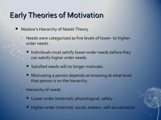 Early Theories of Motivation


Maslow’s Hierarchy of Needs Theory


Needs were categorized as five levels of lower- to higherorder needs.




Satisfied needs will no longer motivate.





Individuals must satisfy lower-order needs before they
can satisfy higher order needs.

Motivating a person depends on knowing at what level
that person is on the hierarchy.

Hierarchy of needs


Lower-order (external): physiological, safety



Higher-order (internal): social, esteem, self-actualization
7

 