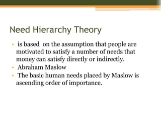 Need Hierarchy Theory
• is based on the assumption that people are
motivated to satisfy a number of needs that
money can satisfy directly or indirectly.
• Abraham Maslow
• The basic human needs placed by Maslow is
ascending order of importance.

 