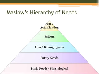 Maslow’s Hierarchy of Needs
Self Actualization
Esteem
Love/ Belongingness

Safety Needs
Basic Needs/ Physiological

 