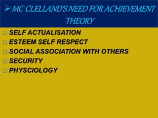 MC CLELLAND’SNEEDFORACHIEVEMENT
THEORY
 SELF ACTUALISATION
 ESTEEM SELF RESPECT
 SOCIAL ASSOCIATION WITH OTHERS
 SECURITY
 PHYSCIOLOGY
 