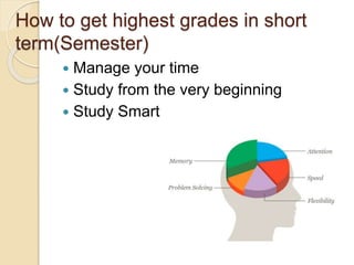 How to get highest grades in short
term(Semester)
 Manage your time
 Study from the very beginning
 Study Smart
 