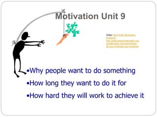 Motivation Unit 9 
1 
Video: Bob Sullo Motivating 
Students, 
http://www.teachingenglish.org. 
uk/talk/video-discussion/how-do- 
you-motivate-your-students 
•Why people want to do something 
•How long they want to do it for 
•How hard they will work to achieve it 
 