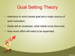 Goal Setting Theory
• Intentions to work toward goal are a major source of
work motivation.
• Goals tell an employee ,what needs to be done and,
• How much effort will need to be expended.
 