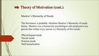 Theory of Motivation (cont.)Theory of Motivation (cont.)
Maslow’s Hierarchy of Needs
The best-know is probably Abraham Mas...