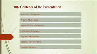 Contents of the PresentationContents of the Presentation
Types of Motivation
What is Motivation
Nature of Motivation
Motiv...