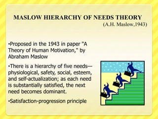 MASLOW HIERARCHY OF NEEDS THEORY
(A.H. Maslow,1943)
•Proposed in the 1943 in paper "A
Theory of Human Motivation," by
Abraham Maslow
•There is a hierarchy of five needs—
physiological, safety, social, esteem,
and self-actualization; as each need
is substantially satisfied, the next
need becomes dominant.
•Satisfaction-progression principle
 