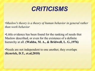 CRITICISMS
•Maslow's theory is a theory of human behavior in general rather
than work behavior
•Little evidence has been found for the ranking of needs that
Maslow described, or even for the existence of a definite
hierarchy at all. (Wahba, M. A., & Bridwell, L. G.,1976)
•Needs are not independent to one another, they overlaps
(Kenrick, D.T., et.al,2010)
 