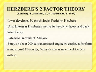 HERZBERG’S 2 FACTOR THEORY
(Herzberg, F., Mausner, B., & Snyderman, B. 1959)
•It was developed by psychologist Frederick Herzberg
• Also known as Herzberg's motivation-hygiene theory and dual-
factor theory
•Extended the work of Maslow
•Study on about 200 accountants and engineers employed by firms
in and around Pittsburgh, Pennsylvania using critical incident
method.
 