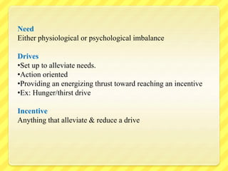 Need
Either physiological or psychological imbalance
Drives
•Set up to alleviate needs.
•Action oriented
•Providing an energizing thrust toward reaching an incentive
•Ex: Hunger/thirst drive
Incentive
Anything that alleviate & reduce a drive
 