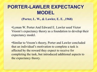 PORTER-LAWLER EXPECTANCY
MODEL
(Porter, L. W., & Lawler, E. E. ,1968)
•Lyman W. Porter And Edward E. Lawler used Victor
Vroom’s expectancy theory as a foundation to develop their
expectancy model.
•Similar to Vroom’s theory, Porter and Lawler concluded
that an individual’s motivation to complete a task is
affected by the reward they expect to receive for
completing the task, but introduced additional aspects to
the expectancy theory.
 