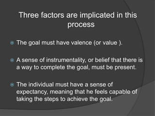 Three factors are implicated in this
process
 The goal must have valence (or value ).
 A sense of instrumentality, or belief that there is
a way to complete the goal, must be present.
 The individual must have a sense of
expectancy, meaning that he feels capable of
taking the steps to achieve the goal.
 