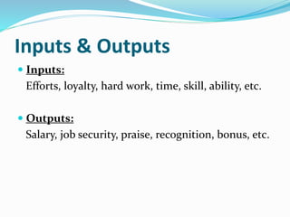 Inputs & Outputs
 Inputs:
Efforts, loyalty, hard work, time, skill, ability, etc.
 Outputs:
Salary, job security, praise, recognition, bonus, etc.
 