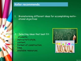 Keller recommends:
1. Brainstorming different ideas for accomplishing motiv-
ational objectives.
2. Selecting ideas that best fit:
☺ students,
☺instructor’s style,
☺content,
☺format of construction,
☺time,
☺available resources.
 