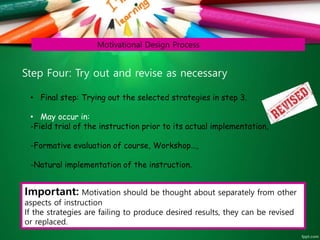 Motivational Design Process
Step Four: Try out and revise as necessary
• Final step: Trying out the selected strategies in step 3.
• May occur in:
-Field trial of the instruction prior to its actual implementation,
-Formative evaluation of course, Workshop…,
-Natural implementation of the instruction.
Important: Motivation should be thought about separately from other
aspects of instruction
If the strategies are failing to produce desired results, they can be revised
or replaced.
 