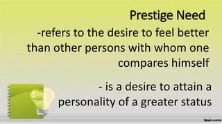 Prestige Need
-refers to the desire to feel better
than other persons with whom one
compares himself
- is a desire to attain a
personality of a greater status
 