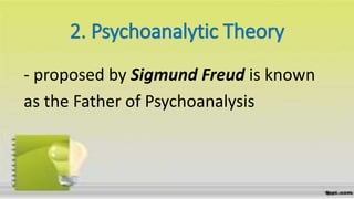 2. Psychoanalytic Theory
- proposed by Sigmund Freud is known
as the Father of Psychoanalysis
 
