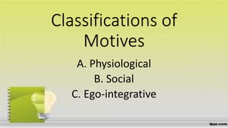 Classifications of
Motives
A. Physiological
B. Social
C. Ego-integrative
 