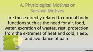 - are those directly related to normal body
functions such as the need for air, food,
water, excretion of wastes, rest, protection
from the extremes of heat and cold, sleep,
and avoidance of pain
 
