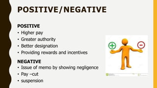 POSITIVE/NEGATIVE
POSITIVE
• Higher pay
• Greater authority
• Better designation
• Providing rewards and incentives
NEGATIVE
• Issue of memo by showing negligence
• Pay –cut
• suspension
 