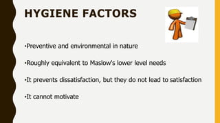 HYGIENE FACTORS
•Preventive and environmental in nature
•Roughly equivalent to Maslow's lower level needs
•It prevents dissatisfaction, but they do not lead to satisfaction
•It cannot motivate
 