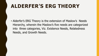 ALDERFER’S ERG THEORY
• Alderfer’s ERG Theory is the extension of Maslow’s Needs
Hierarchy, wherein the Maslow’s five needs are categorized
into three categories, Viz. Existence Needs, Relatedness
Needs, and Growth Needs.
 
