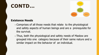 CONTD…
Existence Needs
– Comprises of all those needs that relate to the physiological
and safety aspects of human beings and are a prerequisite for
the survival.
– Thus, both the physiological and safety needs of Maslow are
grouped into one category because of their same nature and a
similar impact on the behavior of an individual.
 